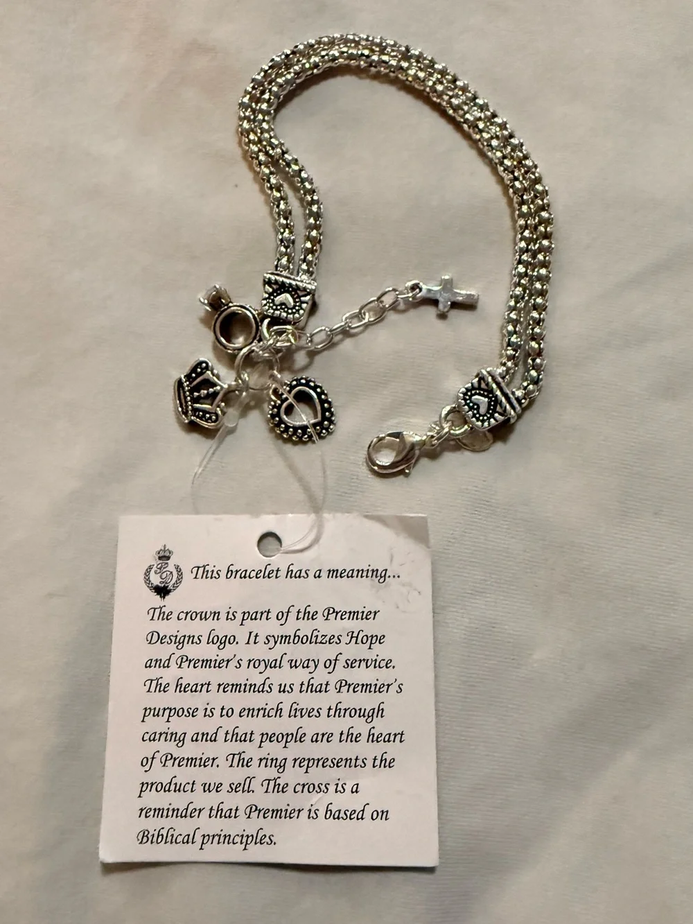 Premier Designs Silver Tone Rope Chain Charm Bracelet Cross Heart Crown